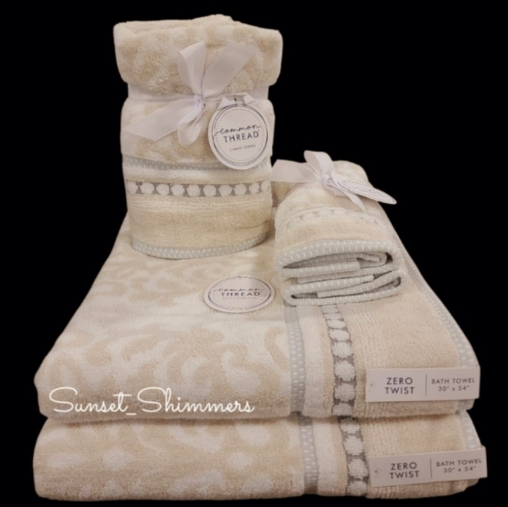 Common Thread 6pc Damask Bath Hand Tip Towel Set Tan Gray Zero Twist Cotton New - Picture 9 of 9